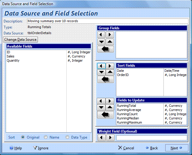 Microsoft Access table field selection for running totals analysis