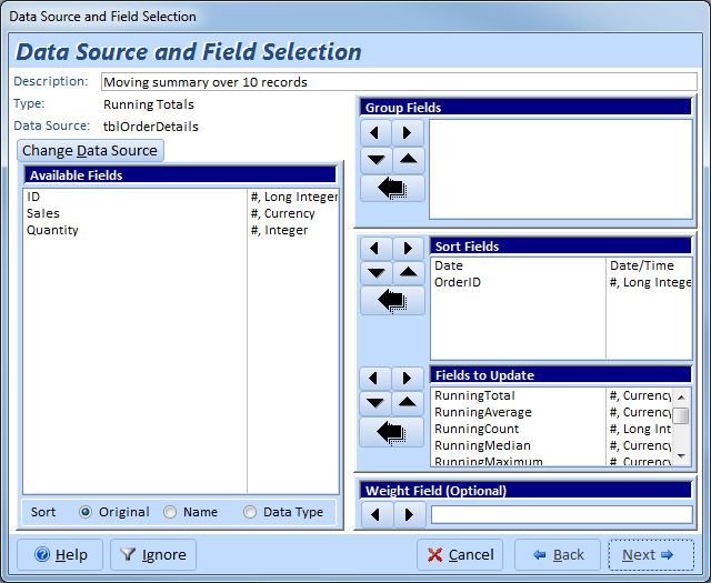 Microsoft Access table field selection for running totals analysis