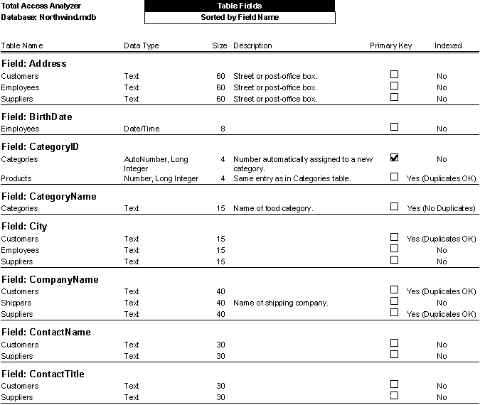 Microsoft Access Table Field Definitions documentation report sorted by field name