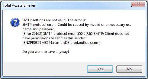 SMTP Protocol Error 550 5.7.60 Client does not have permissions to send as this sender