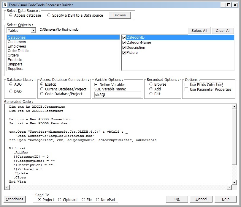 Recordset Builder Creating ADO Code in Total Visual CodeTools for VB6/VBA