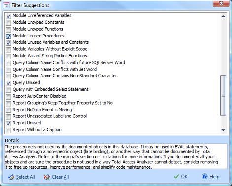 Filter in Total Access Analyzer to specify which types of Suggestions to display