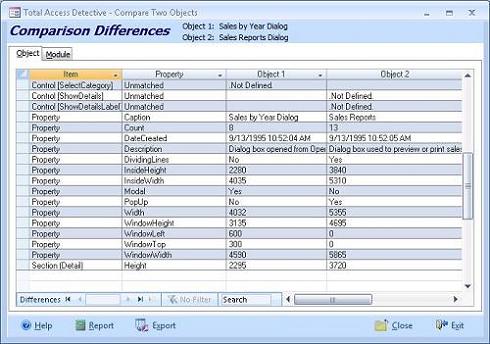 Difference between two Microsoft Access forms showing controls in one but not the other, property and section differences