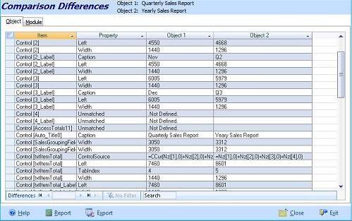 Difference between two Microsoft Access reports showing controls in one but not the other, property and section differences