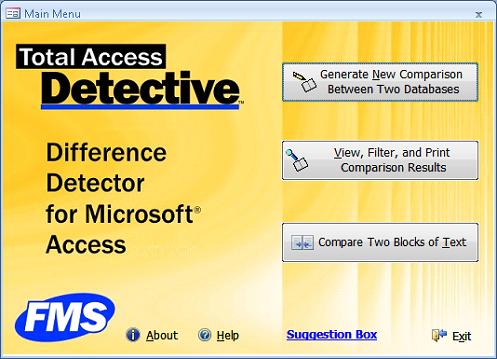 Main screen for comparing two Microsoft Access databases for differences with Total Access Detective