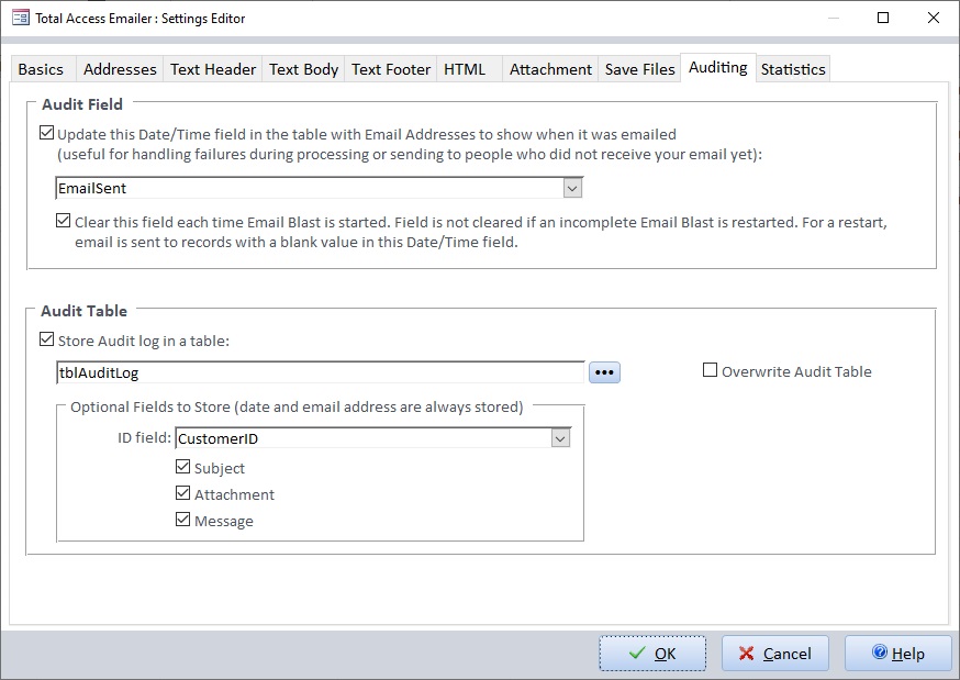 Set auditing fields and tables to track when your Microsoft Access emails are sent