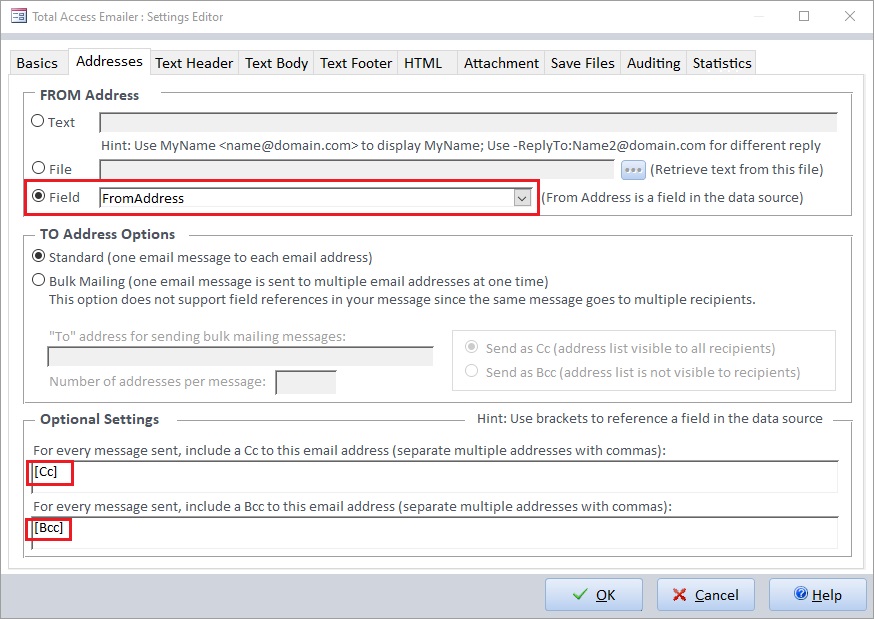 Address fields for sending email from Microsoft Access