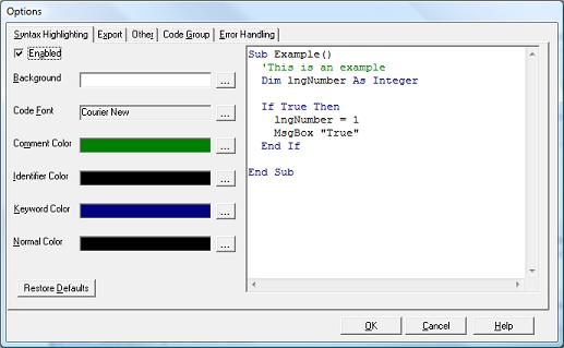 Customize the VBA/VB6 syntax highlighting for viewing the source code