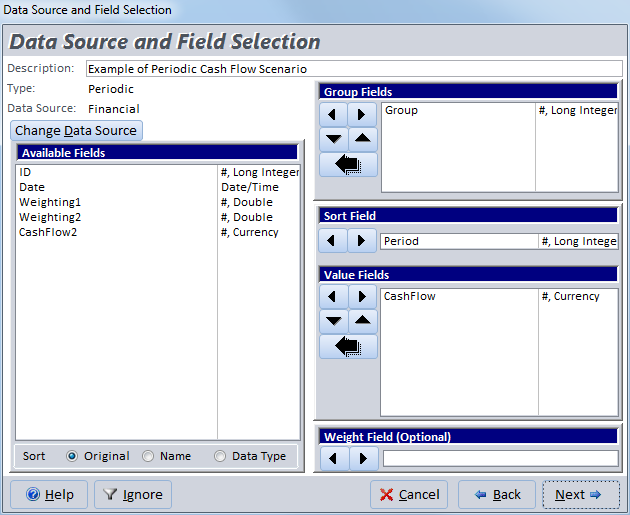 Microsoft Access table field selection for periodic cash flow analysis