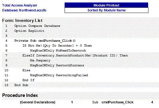 Microsoft Access Module Printout Report