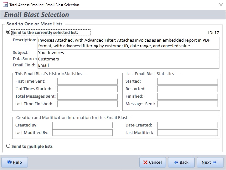 Select one or more email blasts to send out at one time from Microsoft Access