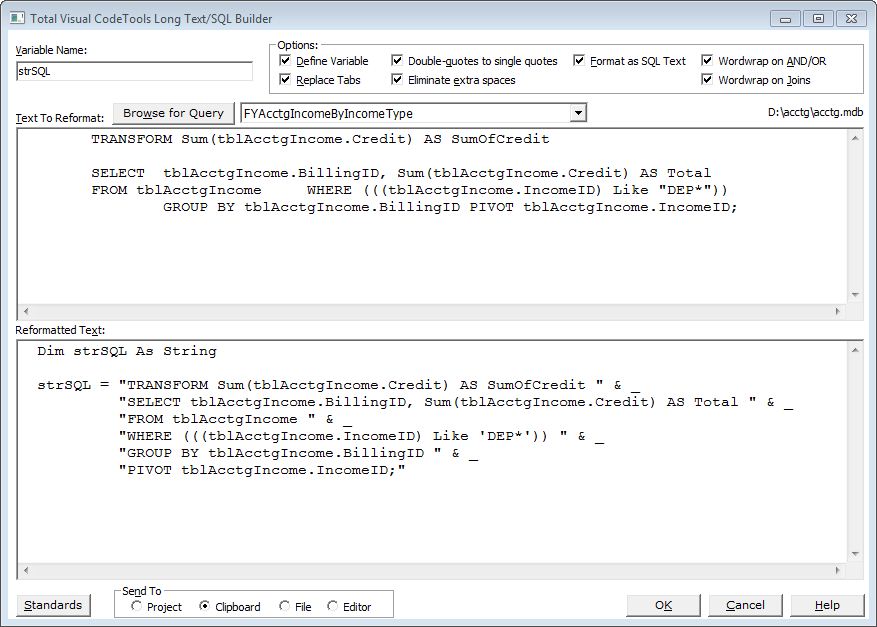 Long Text Builder Converts SQL to variable assignments in Total Visual CodeTools for VB6/VBA