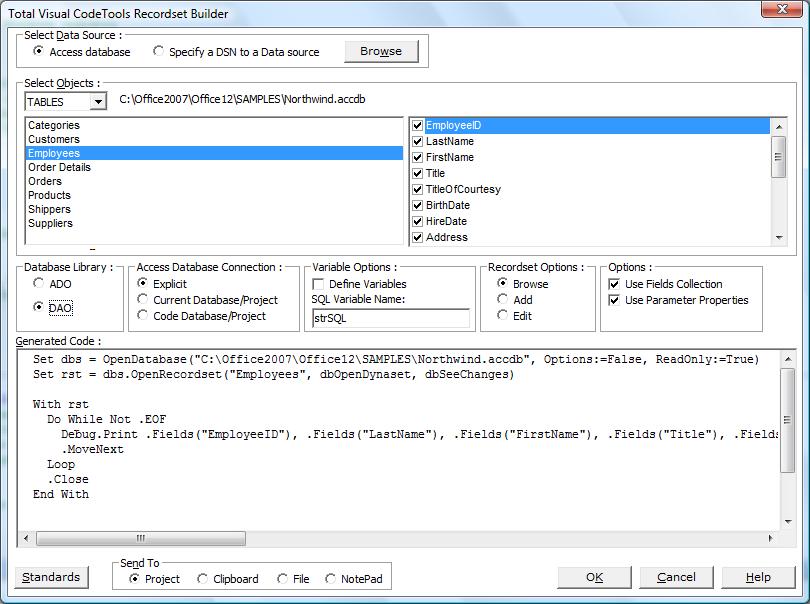 Recordset Builder Creating DAO Code in Total Visual CodeTools for VB6/VBA