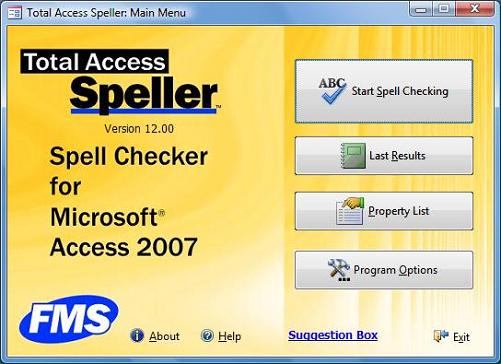 Total Access Speller 2007 Main Menu for Microsoft Access 2007