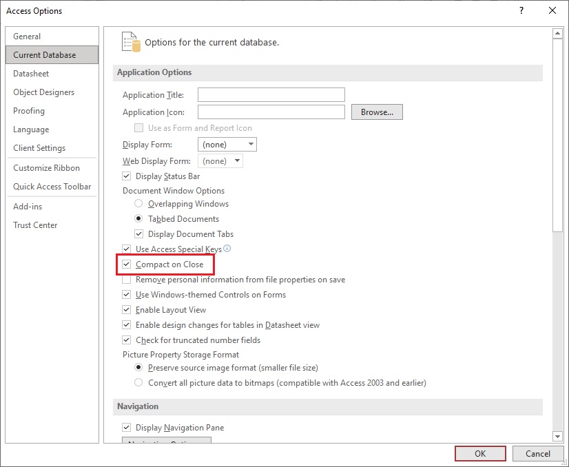 Compact on Close in Microsoft Access 365, 2021, 2019, 2016, 2013 and 2010