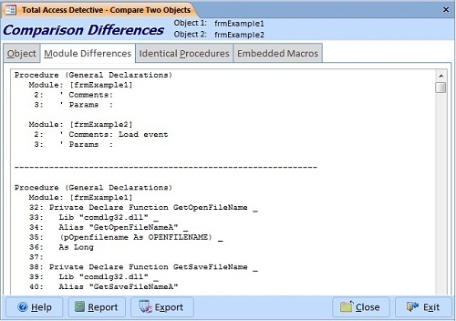 Example of Code Differences Between Two Modules in the Same Microsoft Access Database