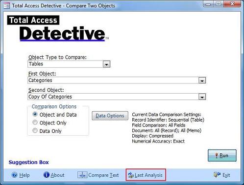 Last Analysis is Available from the Total Access Detective Add-in for Comparing Two Objects