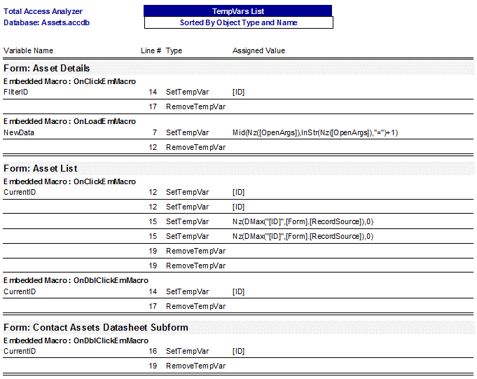Microsoft Access Temporary Variable TempVar Cross-Reference Documentation Report