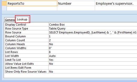 Microsoft Access Table Designer Field Lookup tab