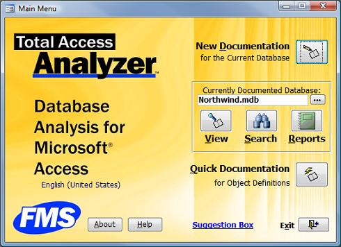 Total Access Analyzer Main Menu for Microsoft Access 2003, 2002, and 2000