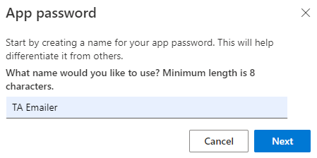 Office365 SMTP App Password Name