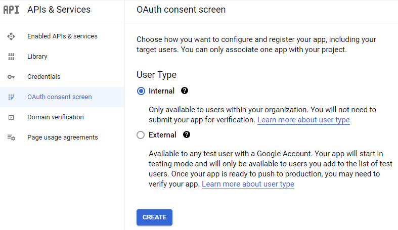 Google OAuth consent screen Internal User Type
