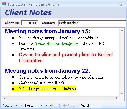 Example of a Rich Text Format Memo Field in a Microsoft Access Form with Total Access Memo