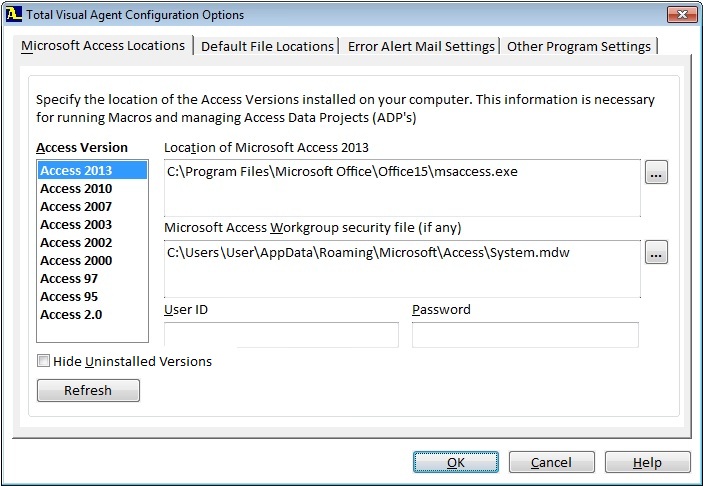 Microsoft Access Versions Set in Total Visual Agent Options