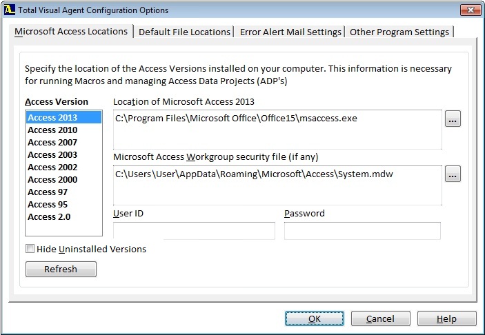 Microsoft Access Versions Set in Total Visual Agent Options