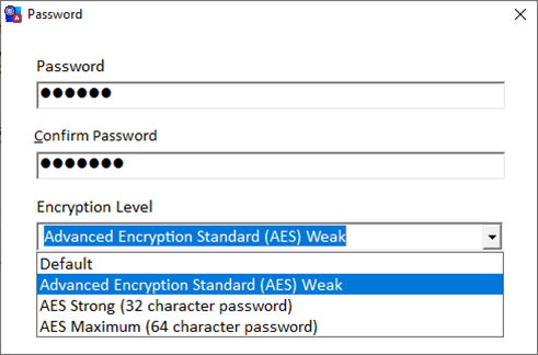 Compression Options with Password and Encryption Level