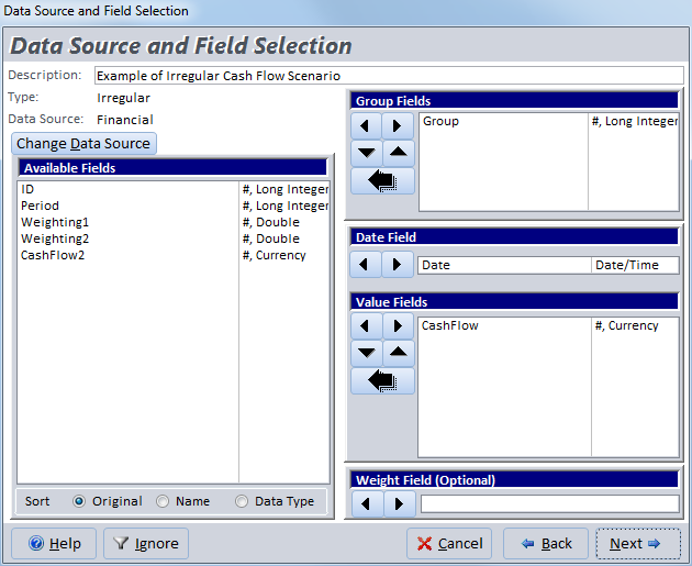 Irregular Cash Flow Analysis Field Selection for Microsoft Access