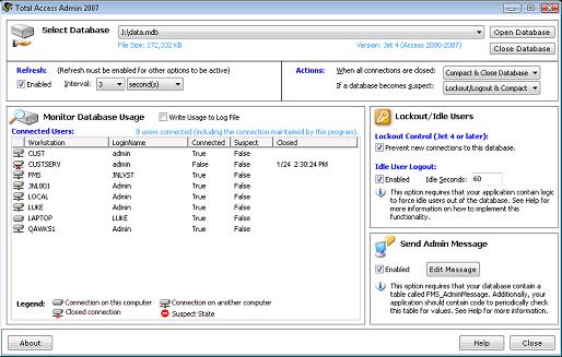 Main menu of Total Access Admin to monitor Microsoft Access/Jet databases