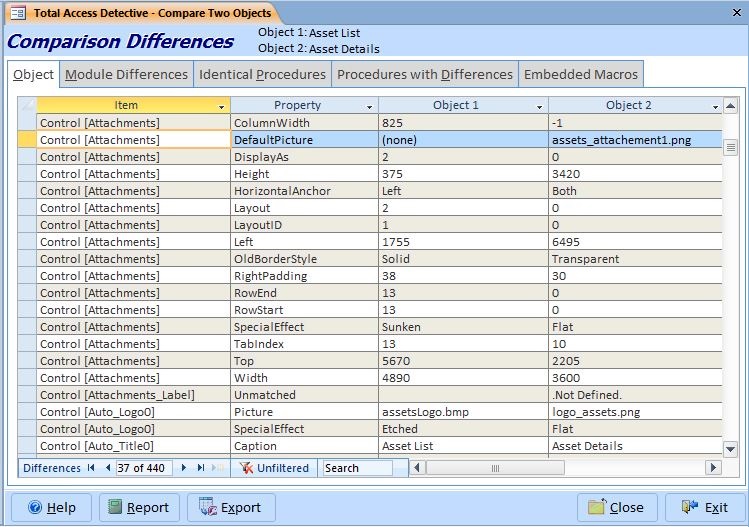 Difference between two Microsoft Access forms showing controls in one but not the other, property and section differences