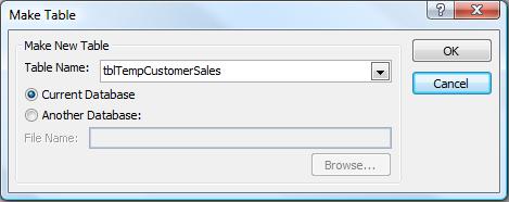 Make Table dialog for Microsoft Access queries to create a new table