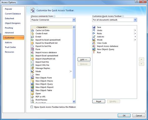 Microsoft Office Quick Access Toolbar Customization Options Dialog