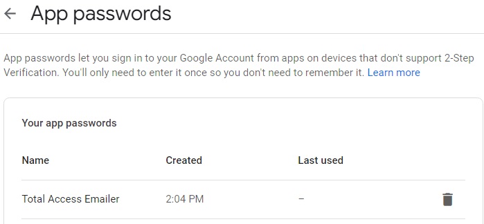 List of Google App Passwords