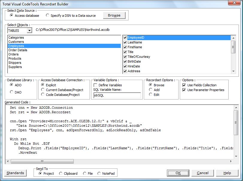 Recordset Builder Creating ADO/DAO Code in Total Visual CodeTools for VB6 and VBA/Office