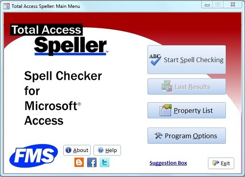 Total Access Speller 2007 Main Menu for Microsoft Access 2007