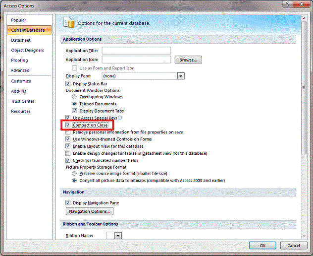 Compact on Close in Microsoft Access 2007