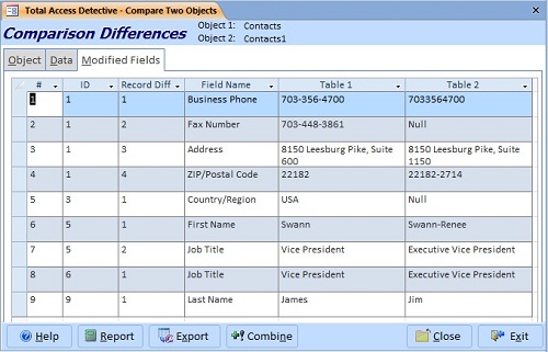 Microsoft Access Table Field Differences