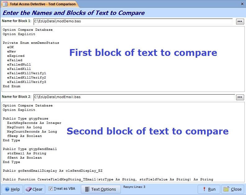 Compare Any Two Blocks of Text as VB6/VBA Modules or Classes for Differences