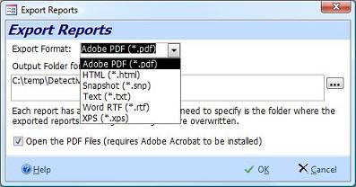 Export Reports to Multiple File Formats: such as Adobe PDF, HTML, Snapshot, Text, RTF, or XPS