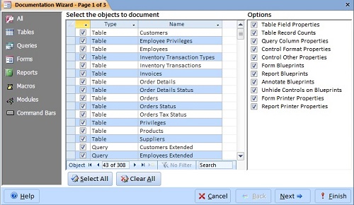 Select Microsoft Access database objects to document