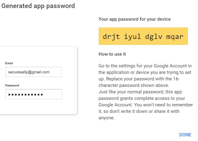 Google App Password generated for Total Access Emailer