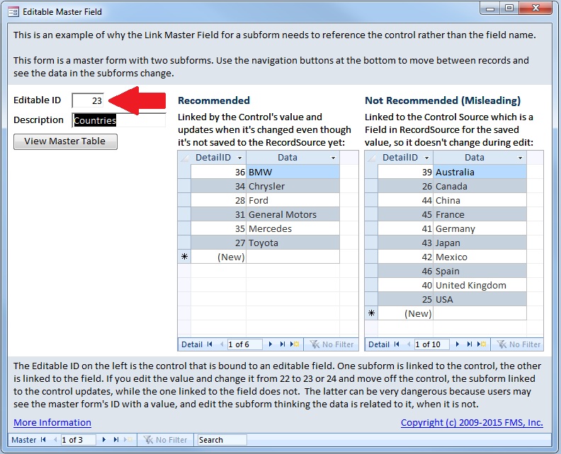 Microsoft Access Subform Differences between Linked Master Field to Control vs. Field