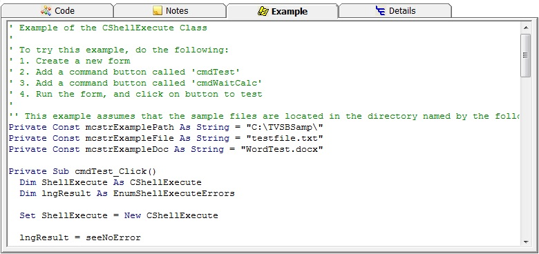 Example tab in the Source Code Explorer for Total Visual SourceBook