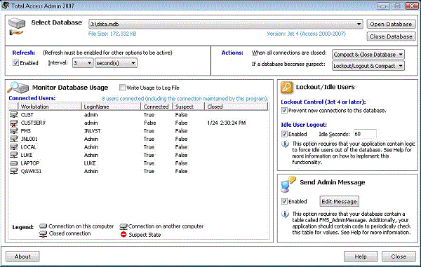 Main menu of Total Access Admin to monitor Microsoft Access/Jet databases