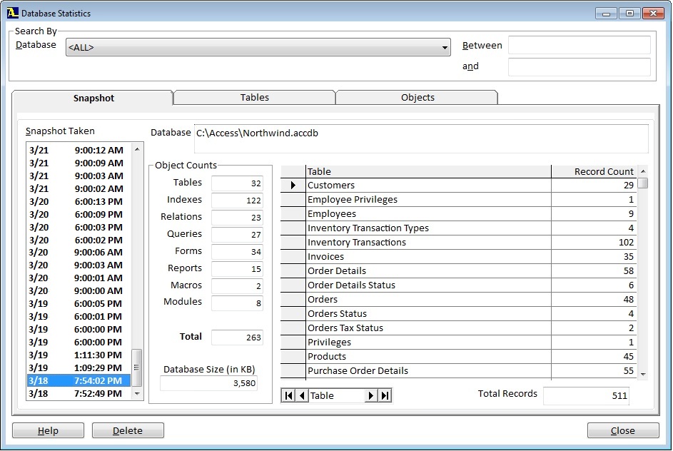Microsoft Access Database Statistics with Size and Counts of Objects and Records