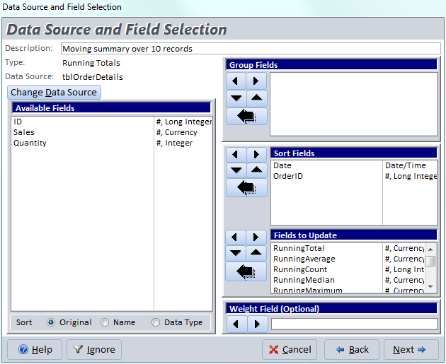 Microsoft Access table field selection for running totals analysis