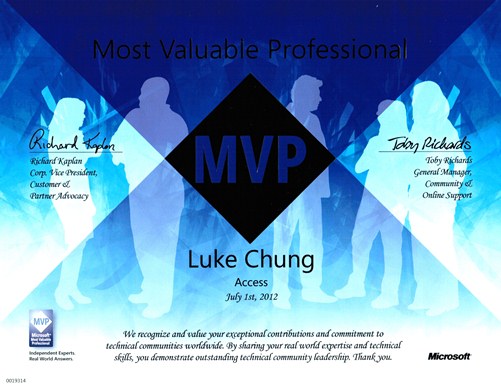 Microsoft MVP Certificate for Luke Chung